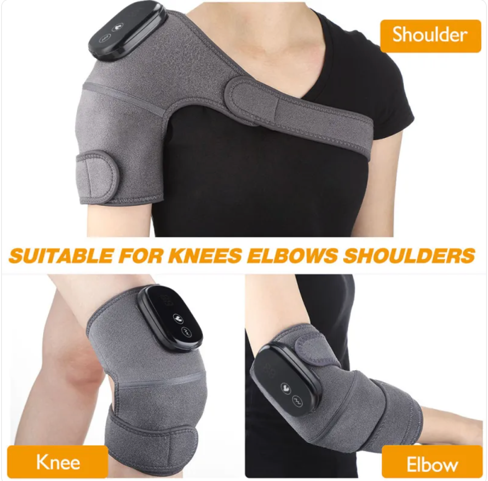 Gray shoulder, knee, and elbow brace with text indicating suitability for these body parts on a white background.