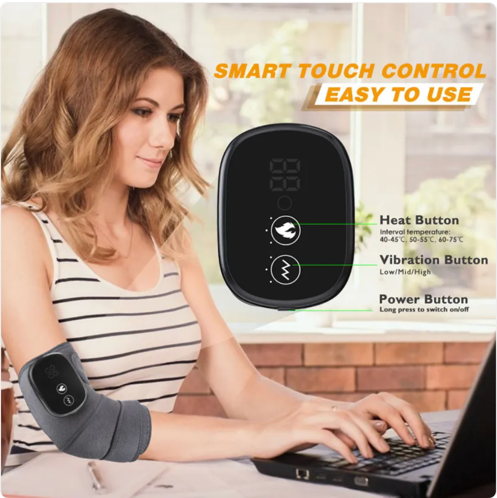 Woman using a smart arm device with control panel, sitting at a desk.