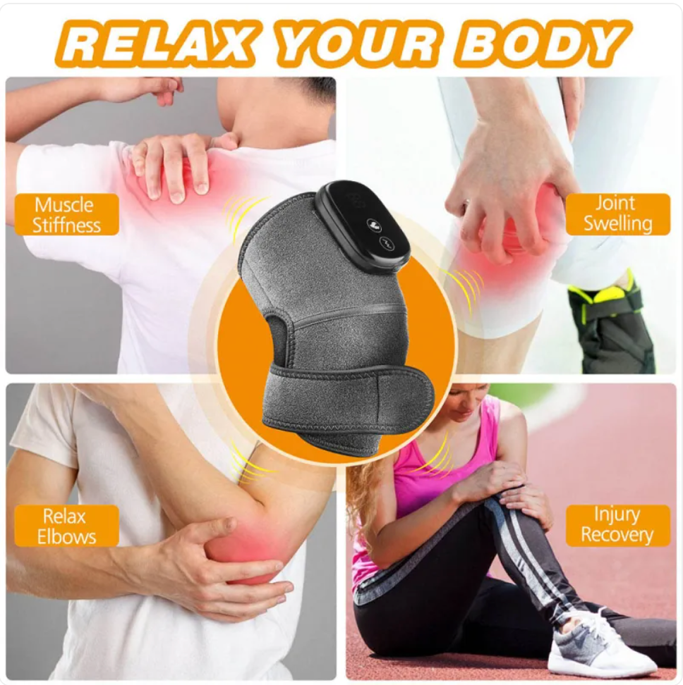 Product advertisement showing a black elbow brace with images of people using it for muscle stiffness, joint swelling, and injury recovery.