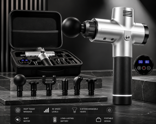 A silver and black handheld massage gun shown with its open black carrying case, several interchangeable massage heads, and a digital display screen on a dark marble surface.