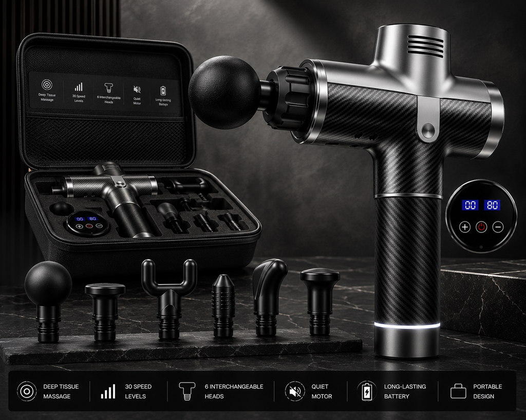 A carbon-fiber-textured handheld massage gun shown with its open carrying case, multiple interchangeable massage heads, and a digital display screen on a dark marble surface.
