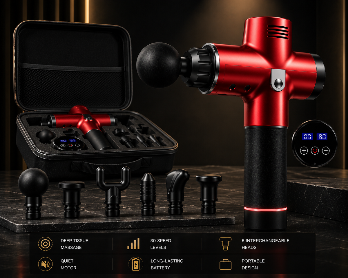 A red and black handheld massage gun shown with its open carrying case, several interchangeable attachment heads, and a digital control display on a dark marble surface against a dark background.