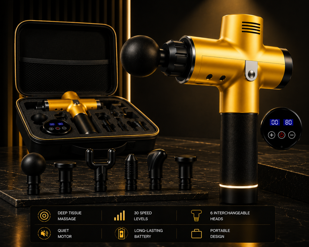 Gold and black handheld massage gun shown with its open carrying case, several interchangeable massage heads, and a digital display screen on a dark marble surface with a dark background.