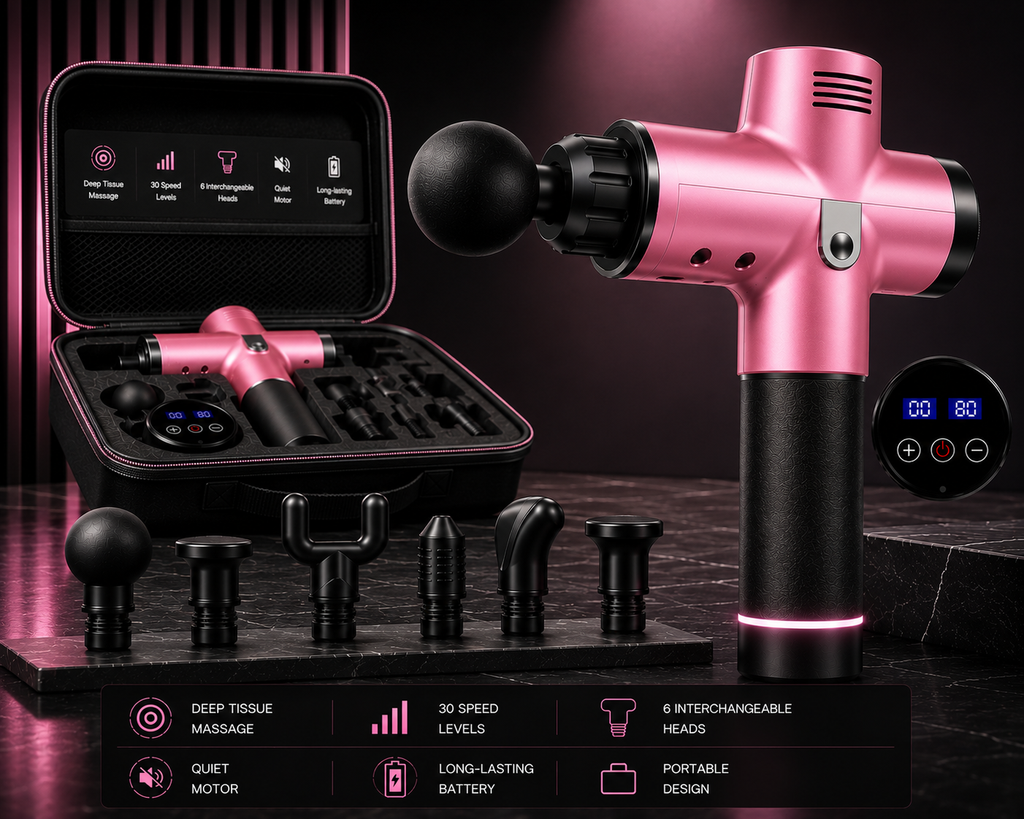 Pink and black handheld massage gun shown with its carrying case, multiple interchangeable heads, and a digital control screen on a dark studio background. Infographic text at the bottom lists features such as deep tissue massage, 30 speed levels, quiet motor, long-lasting battery, and portable design.