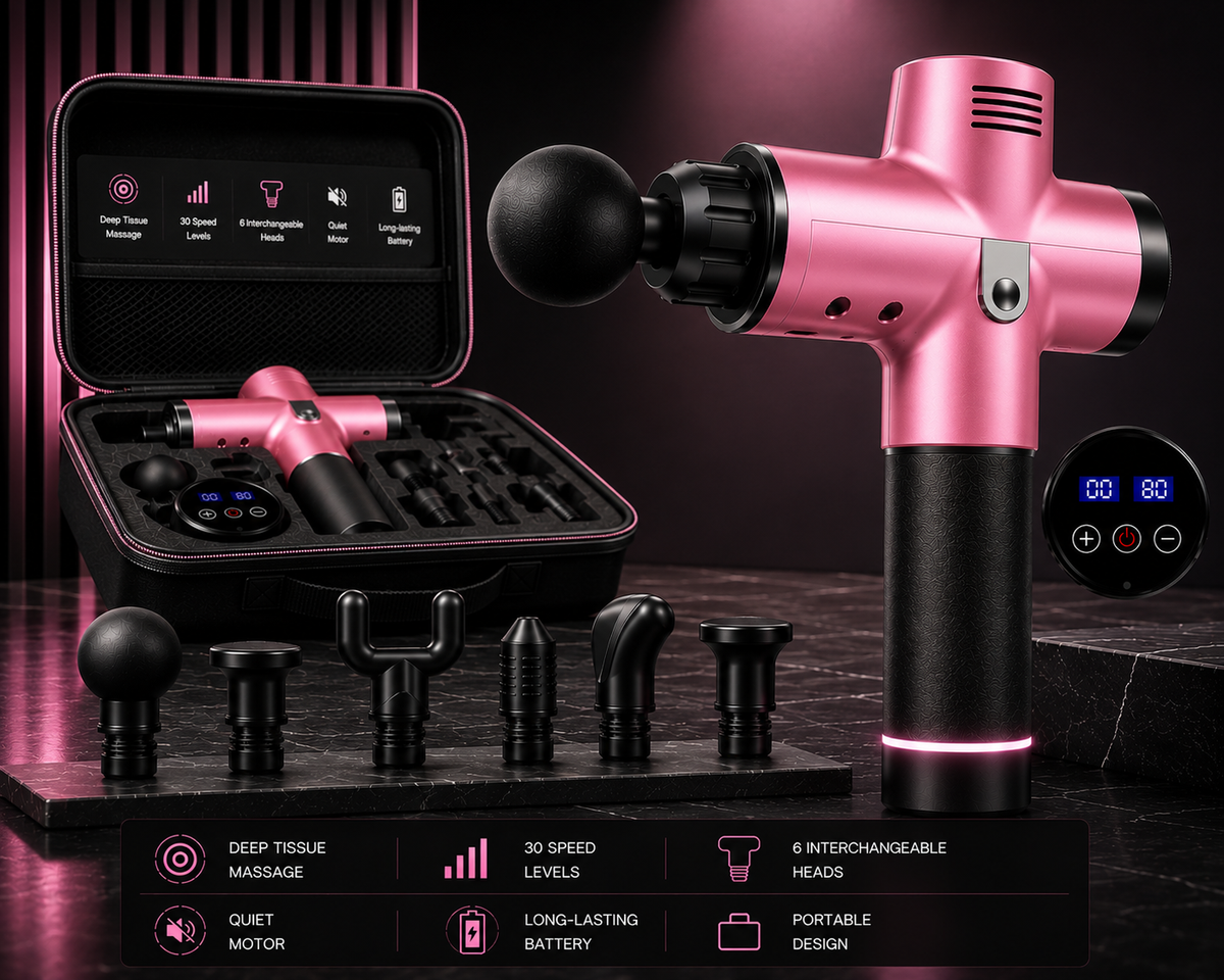 Pink and black handheld massage gun shown with its carrying case, multiple interchangeable heads, and a digital control screen on a dark studio background. Infographic text at the bottom lists features such as deep tissue massage, 30 speed levels, quiet motor, long-lasting battery, and portable design.