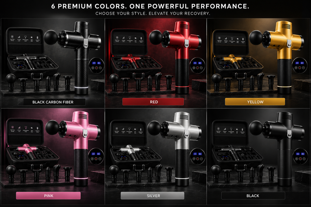 A promotional grid showing six massage gun color options arranged in a 2x3 layout on a dark background. The options include black carbon fiber, red, yellow, pink, silver, and black.