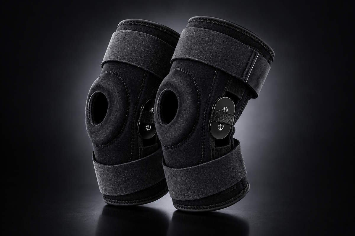 A pair of black knee support braces with adjustable straps and a quick-release button, displayed on a dark reflective studio background.