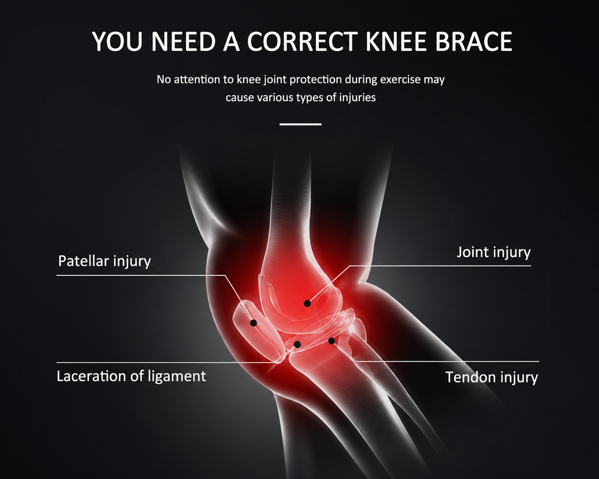 An informational graphic on knee brace importance, showing a highlighted human knee joint with labels pointing to patellar injury, joint injury, laceration of ligament, and tendon injury. Large text at the top reads, 'YOU NEED A CORRECT KNEE BRACE' on a dark background.