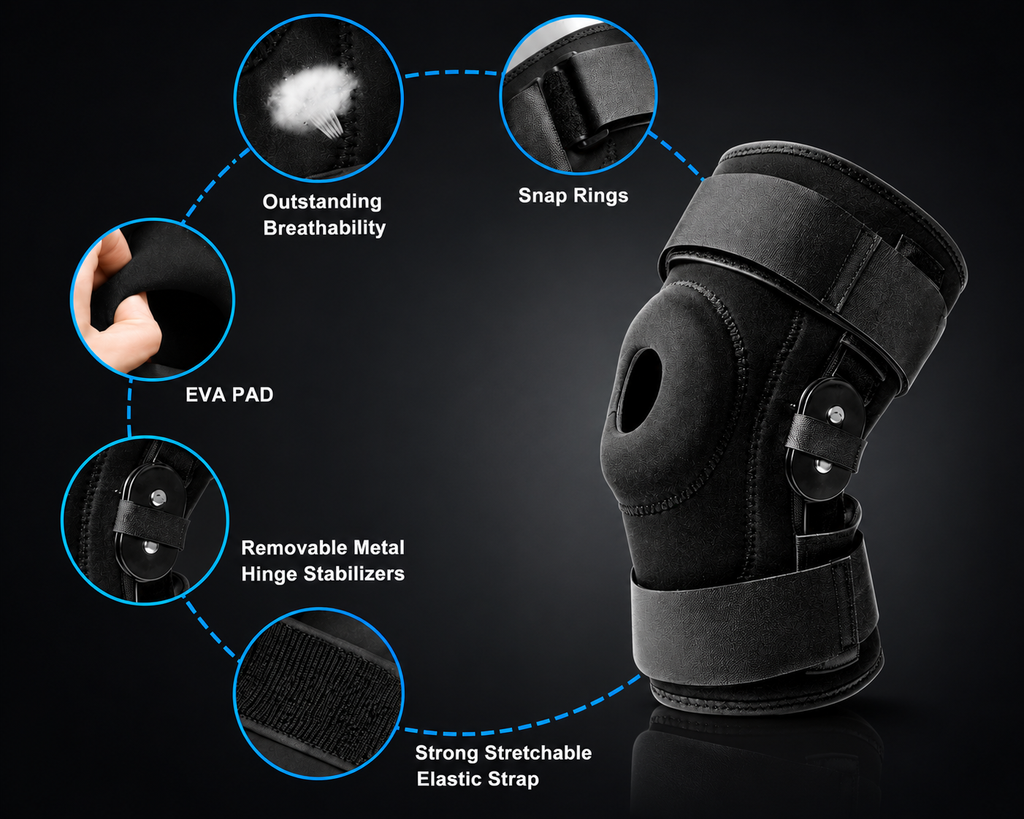 Black knee support brace shown on a dark background with circular callouts highlighting features such as outstanding breathability, snap rings, EVA pad, removable metal hinge stabilizers, and strong stretchable elastic strap.