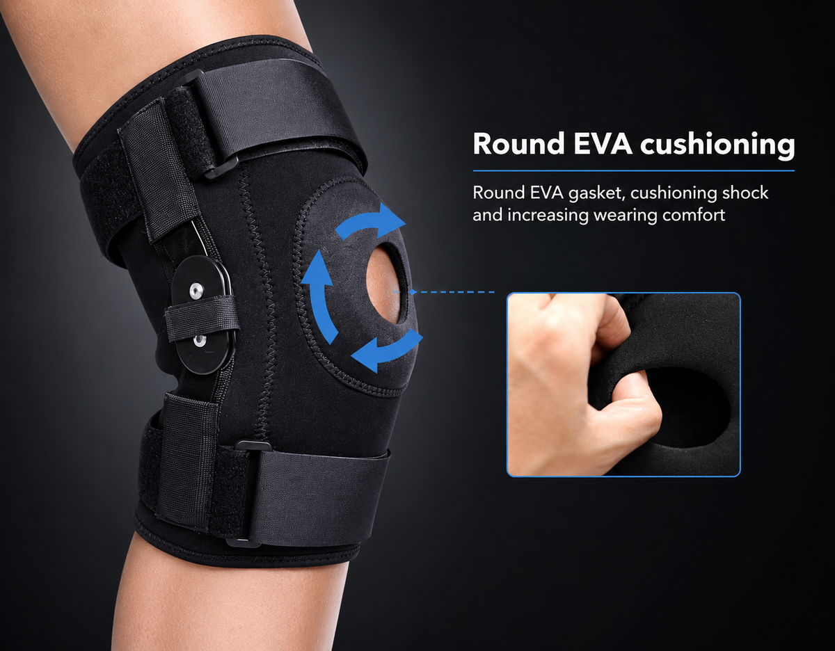 Black knee support brace with a circular cutout and blue arrows indicating cushioning, shown on a person's leg with text reading 'Round EVA cushioning' and a close-up inset of the cushioned area.