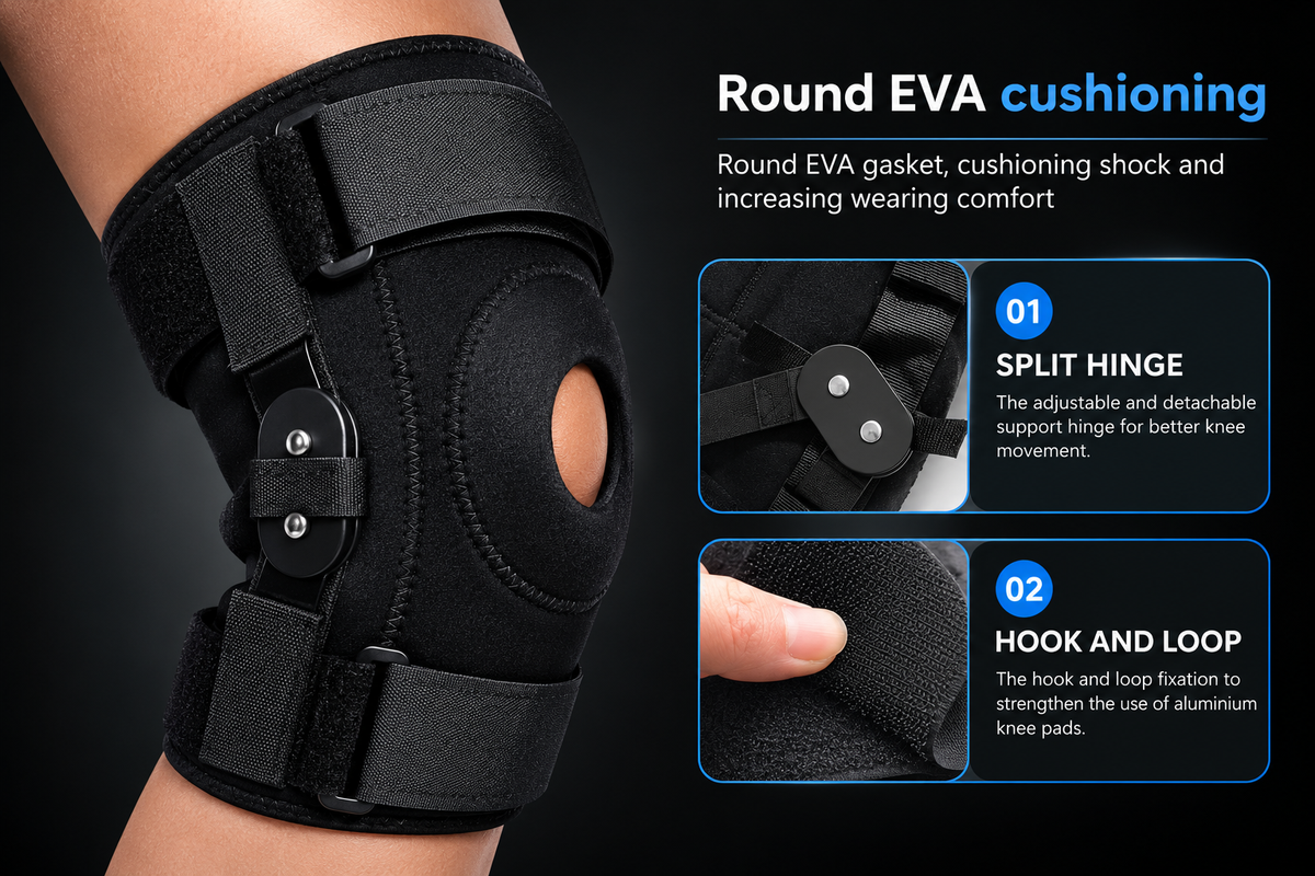Black round knee support brace shown on a person's leg, with feature callouts about round EVA cushioning, split hinge, and hook and loop closure on a dark background.