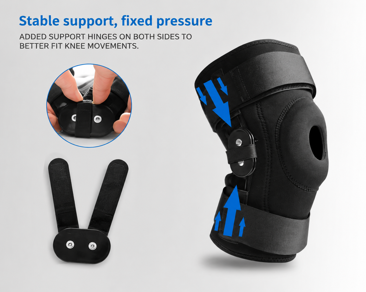 Black knee support brace with side adjustment hinges, shown on a light gray background with blue arrows indicating movement and a circular inset of hands fastening the closure strap. Text at top reads 'Stable support, fixed pressure'.